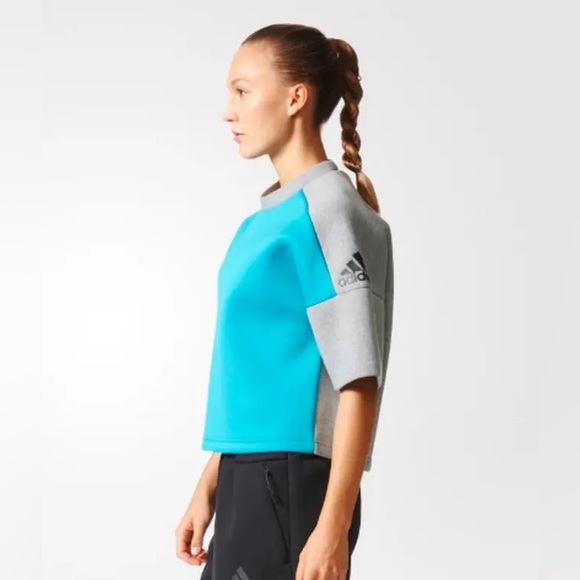 Adidas ZNE CREW NECK SHIRT Women Small EUC S gray & blue SS REC run gym yoga tee - Picture 5 of 10